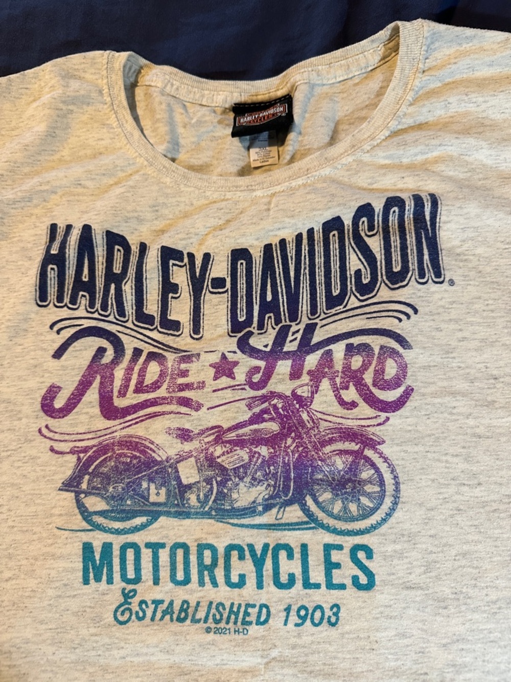 Harley-Davidson Heather Gray Tee with Blue & Purple Graphic